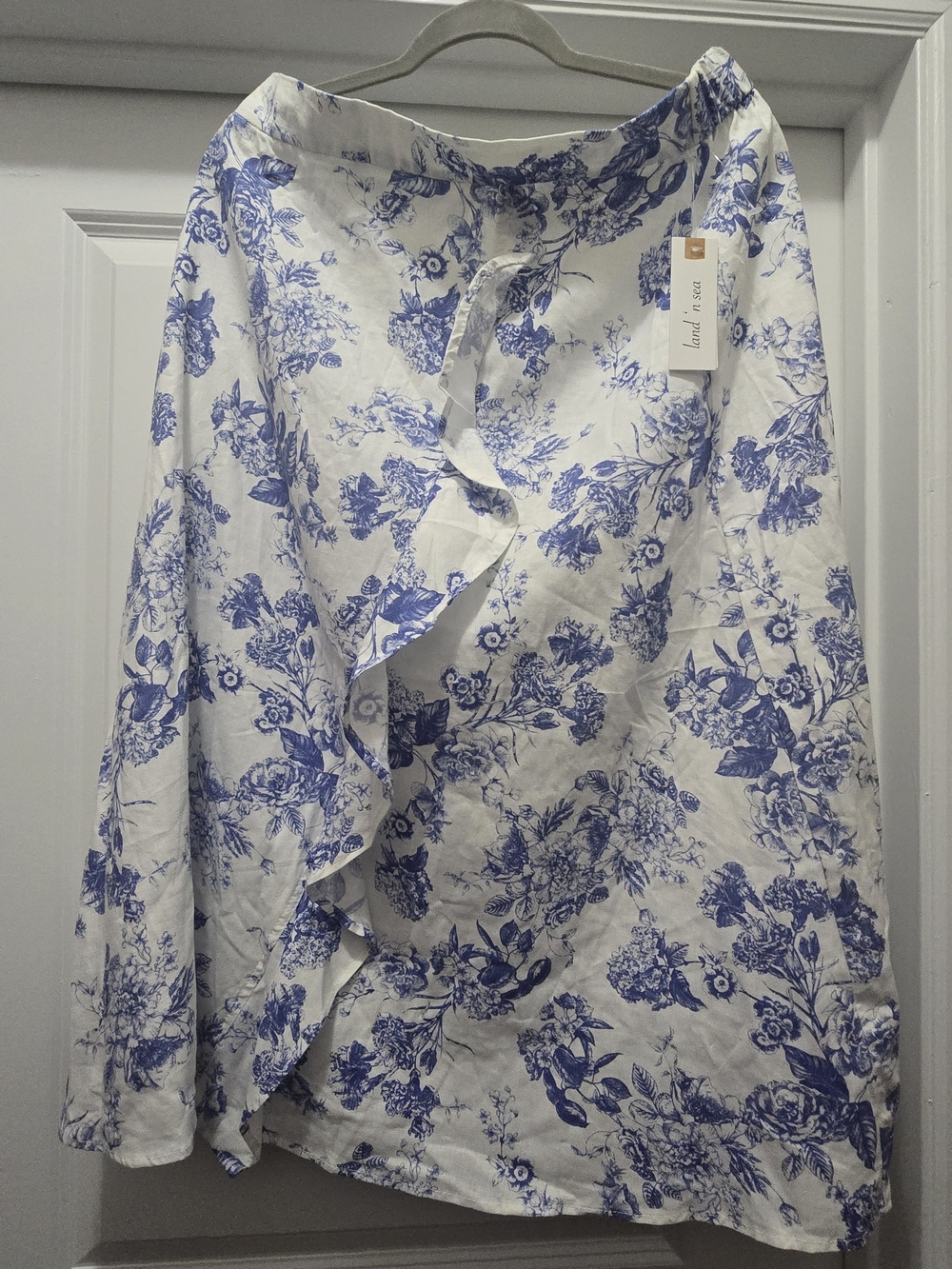 NWT Land ’n Sea Blue Chintz Floral Linen Blend Ruffle Wrap Skirt L